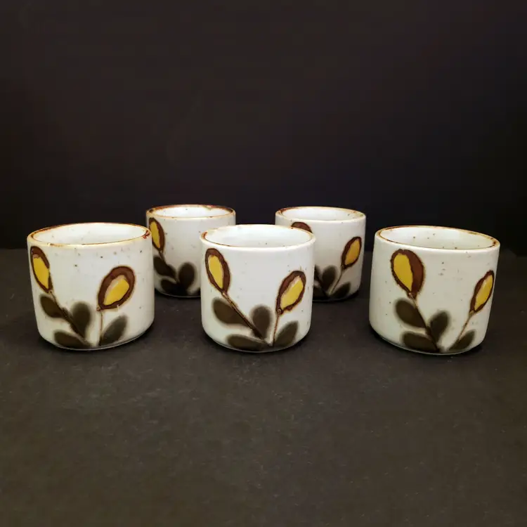 Otagiri Stoneware Pottery Cups Mugs Tea Sake Yellow Botanical Vintage Japan Set of 5