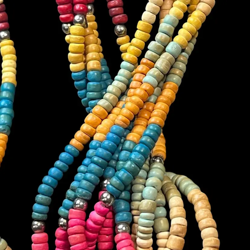 BOHO Wood Bead Colorful 30” Multi-strand Necklace Jewelry With Silver Tone Clasp And Spacer Beads Unmarked Great Summer Beachwear Or Layer In Silver Tones!