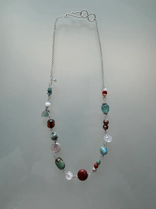 #26 Sterling Silver Chain Necklace For And Handmade Clasp Adorned With Multiple Shapes And Color Gemstones And Beads One Of A Kind Designer Fashion Southwest And Beach Colors Aqua Arizona Brown Crystal Pearl Turquoise See see