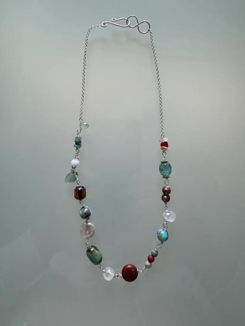 #26 Sterling Silver Chain Necklace For And Handmade Clasp Adorned With Multiple Shapes And Color Gemstones And Beads One Of A Kind Designer Fashion Southwest And Beach Colors Aqua Arizona Brown Crystal Pearl Turquoise See see