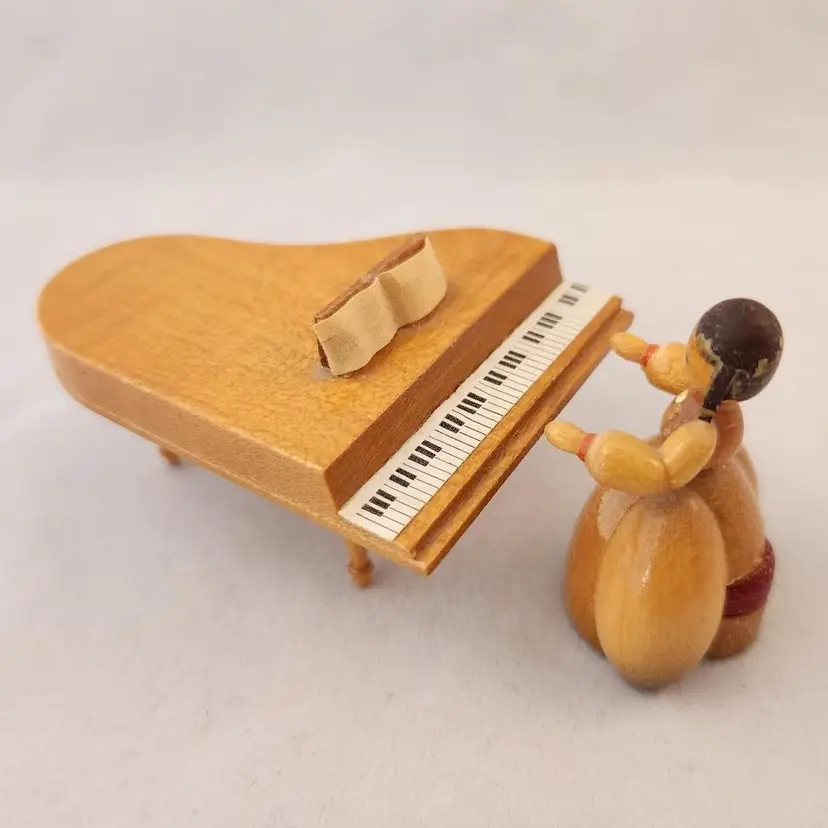 Vintage Erzgebirge Wooden Miniature Girl Playing Piano Figure East Germany