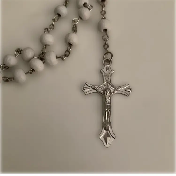 Vintage White Wood Bead Rosary with Storage Case