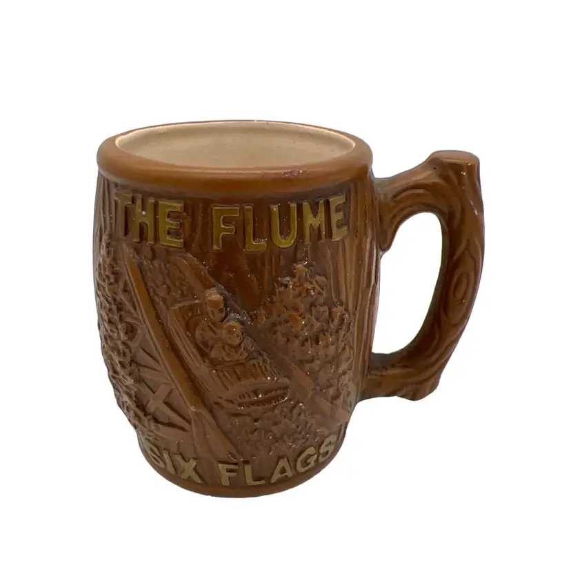 Vintage Six Flags The Flume Ceramic Mug Brown Faux Wood Grain 4"
