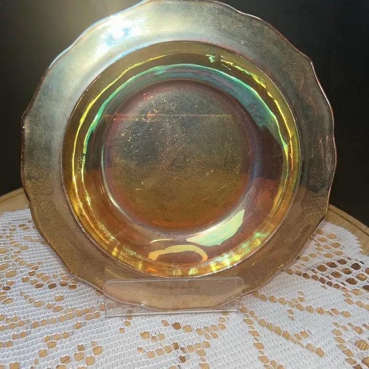 Vintage Federal Glass, Normandie “Lattice & Bouquet” Marigold Iridescent Cereal Bowl