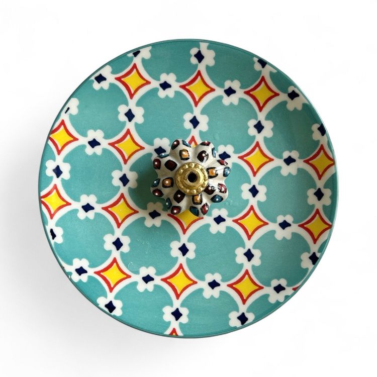 Certified International Teal And Yellow Trinket Dish With Decorative Knob