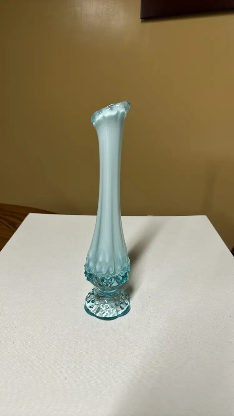 Fenton Vintage Blue Opalescent Hobnail Bud Vase Swung Glass 10” tall