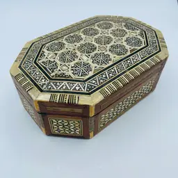 Vtg Large Mother of Pearl Hand Crafted Wooden Inlaid Jewelry Box Micro Mosaic
