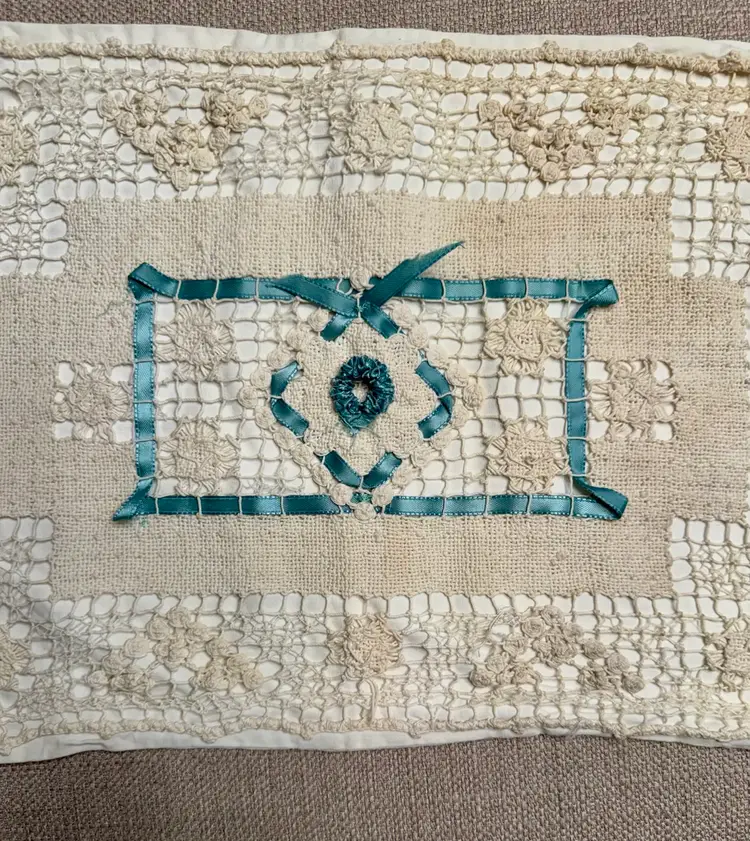 Crocheted Accent Pillow Cover with Blue/ Green Ribbon Detail