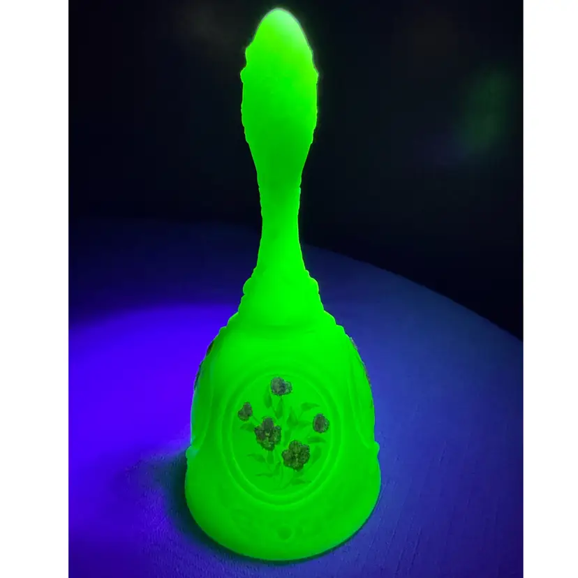 Fenton Bell Uranium Satin Glass Hand Painted Pink Blossom Signed L. Fleming
