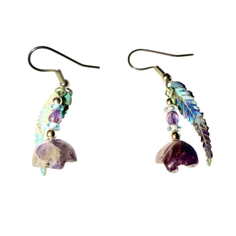 Cut Abalone Leaf and Amethyst Zuni Bear Navajo earrings