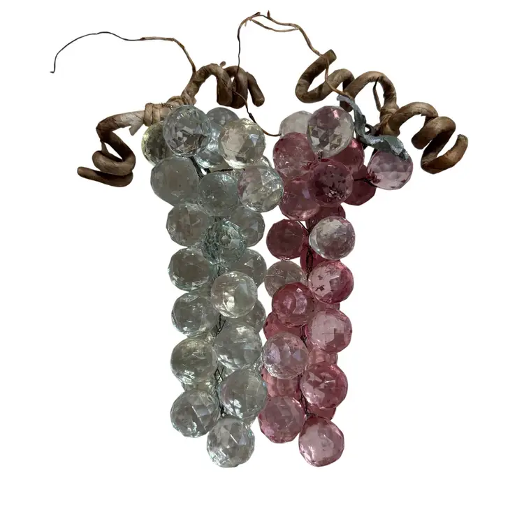 2 Vintage Acrylic Pink Light Green Faceted Grape Clusters Wired 1970s MCM