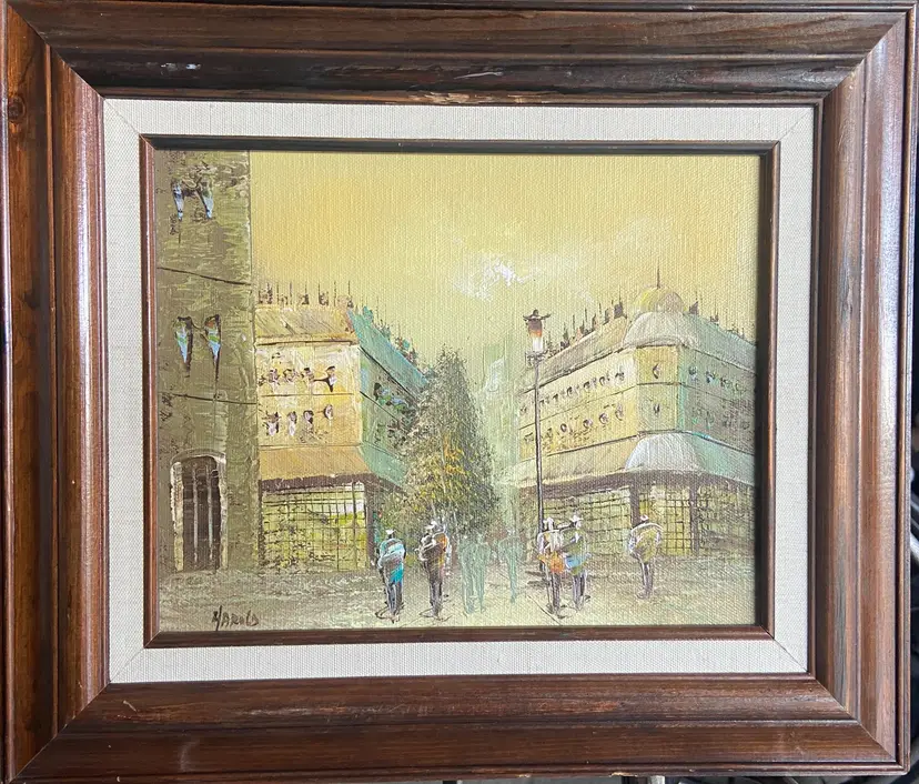 Original Framed Oil Painting of Town Square, Signed by Artist Harold, 9.5x7.75"