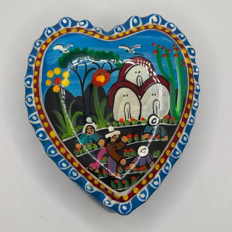 Artisan Folk Art Terra Cotta Lidded Heart Trinket Box 4”x5” UV GLOW