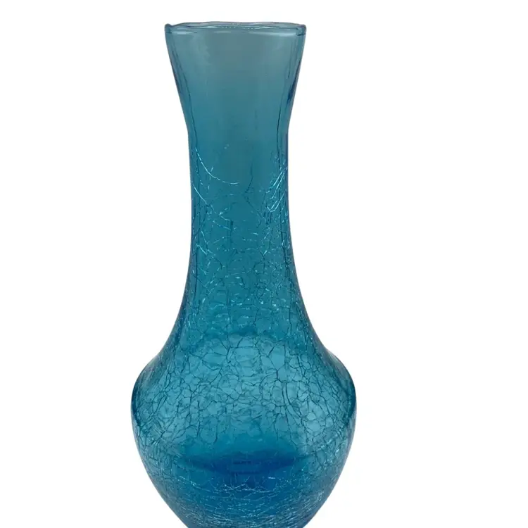 Vintage Blue Crackle Glass Cruet Hand Blown Fluted 10" Mid Century Decor