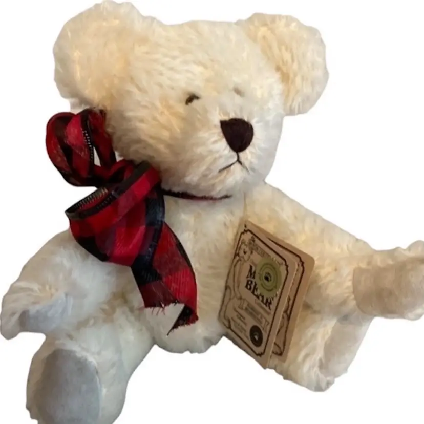 Boyd’s Mohair Bear Jointed Suede Trim Plaid Bow White 10”