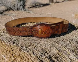 Vintage Hand Tooled Men's Leather Belt L Initial Folk Western 70s