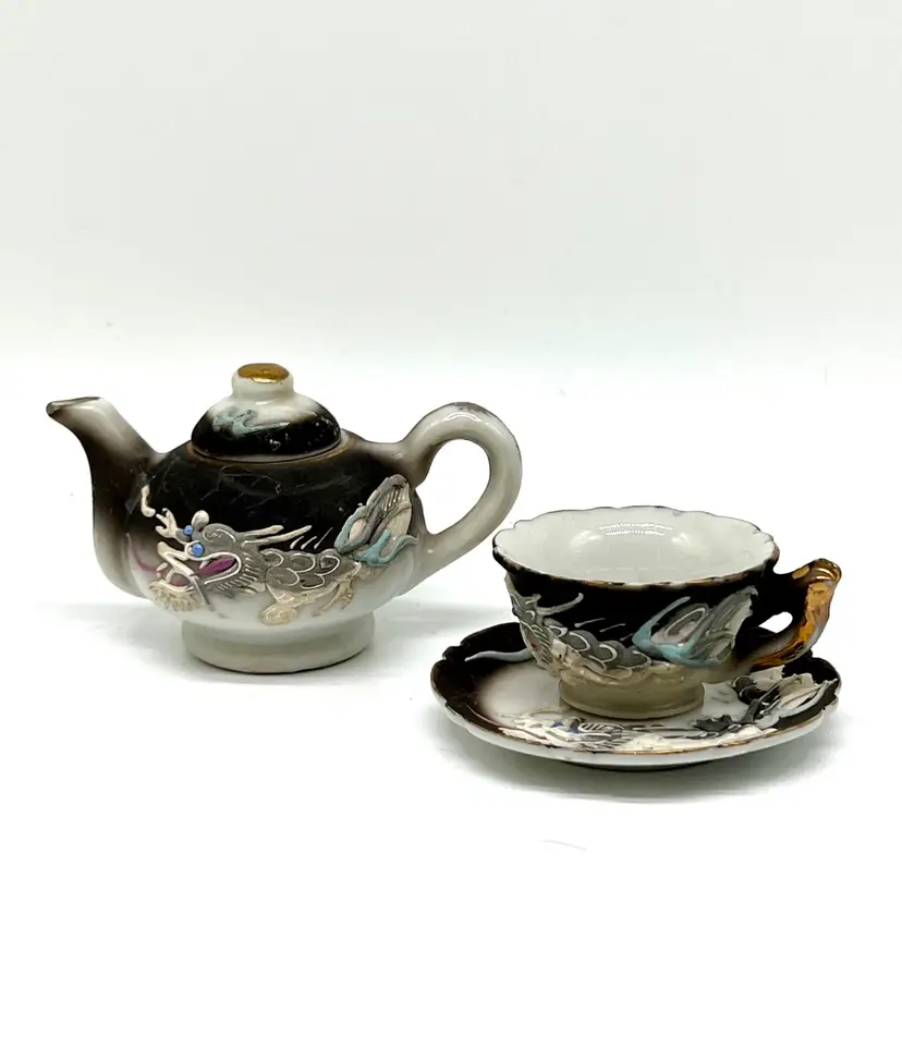 Vintage Mini Dragonware Child's Teapot, Cup & Saucer Japan Black/White NIKONIKO