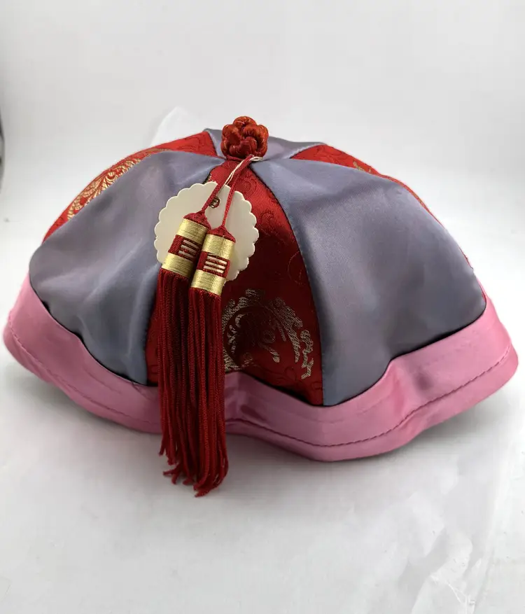 Vintage Chinese Skull Cap Pink Red Tassel Beanie Hat
