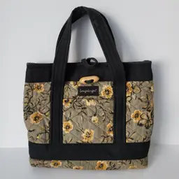 Longaberger Homestead Quilted Tote Purse Khaki Gold/Yellow Flowers Black Vintage