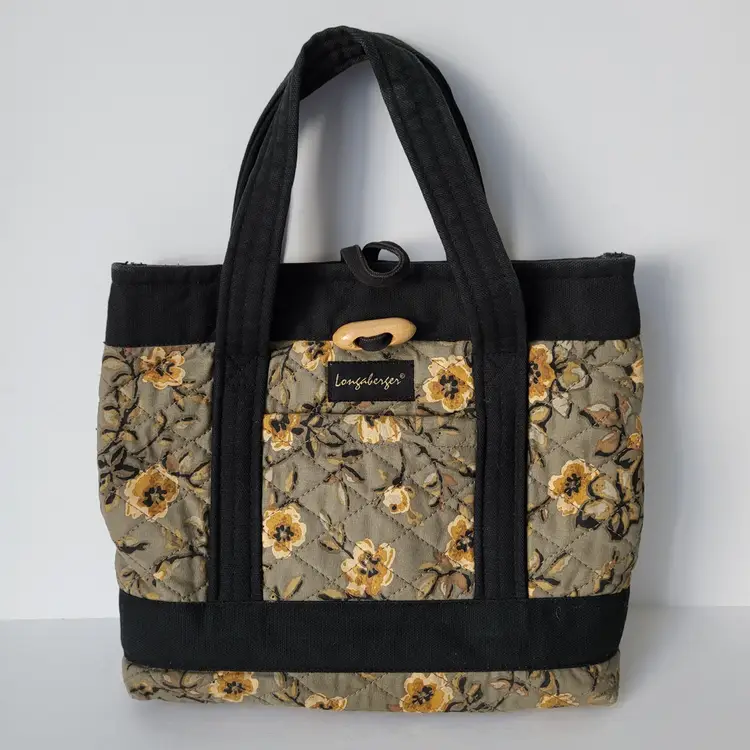 Longaberger Homestead Quilted Tote Purse Khaki Gold/Yellow Flowers Black Vintage