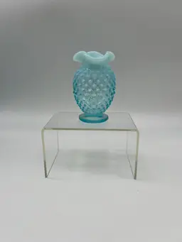 Vintage Fenton Glass Co. Aqua Blue Opalescent Hobnail Ruffled Edge Bud Vase