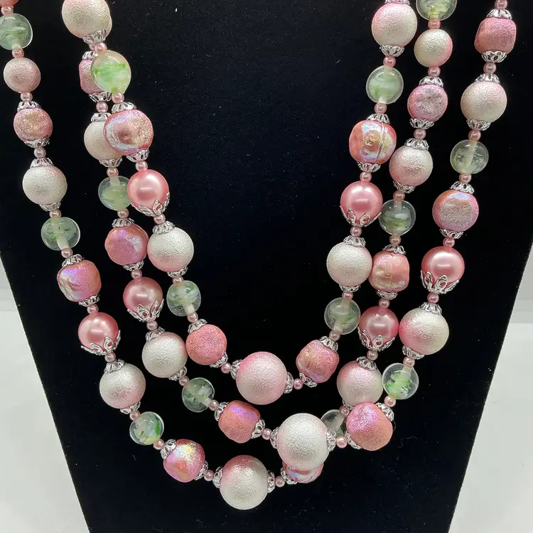 Vtg Pink Beaded 3 Strand Necklace and Matching clip on earrings Japan Jewelry