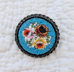 Vintage Round Floral Italian Micromosaic Brooch with Turquoise Background