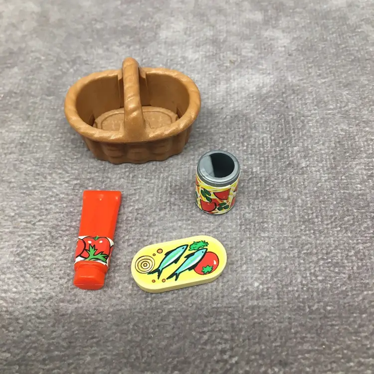 Playmobil Black Hair Female Figure w/ Basket of Groceries -Flower Shirt