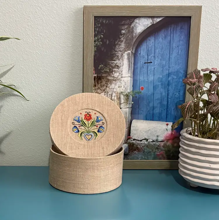 Round Linen Covered Box with Traditional Folk Art Embroidery