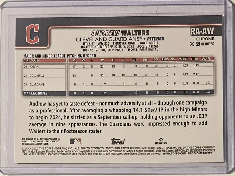 2025 Topps Chrome Purple Speckle RC Auto Andrew Walters 298/299