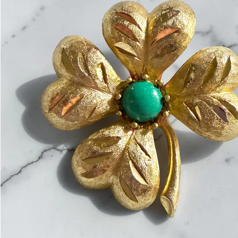 Gold Tone 4 Leaf Clover Brooch - Signed Mamselle