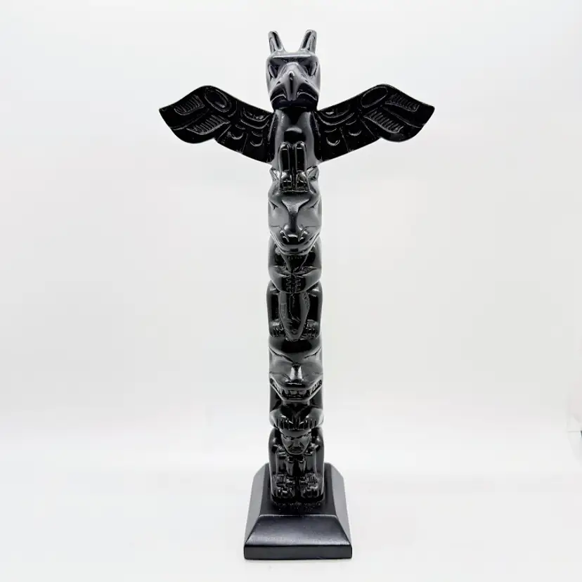 Vintage Black Resin Eagle Bear Medicine Man Totem Pole - Boma Canada 10.5”