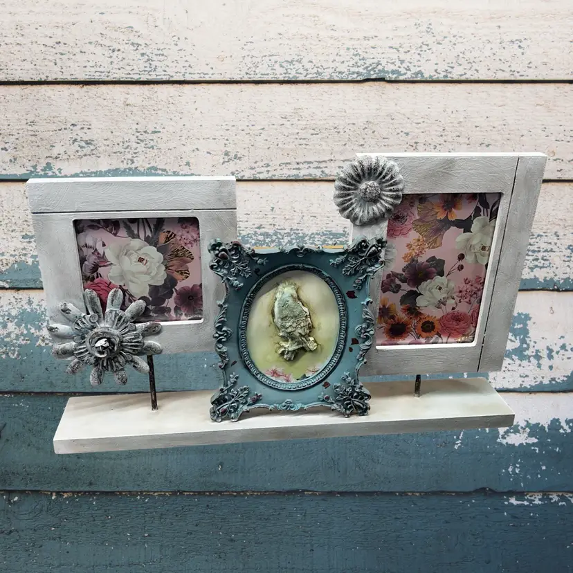 Made By Me Upcycled Boho Chic French Country Cottagecore Framed Art Bird Floral Table Top Decor