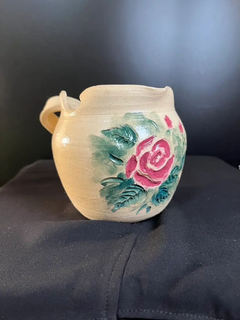Creative Unique & Beautiful Pottery Pitcher w/ Hand Glazed Etching of Roses and Leaves