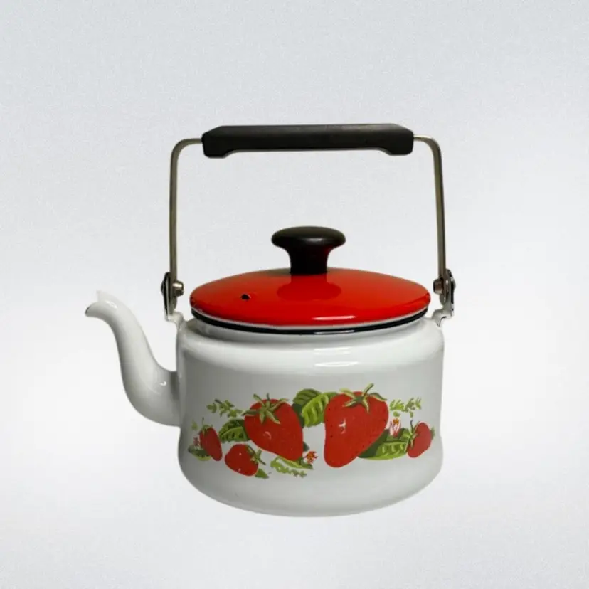 Vintage Enamel Strawberry Teapot READ
8” T x 8” W 5-1/4” Opening