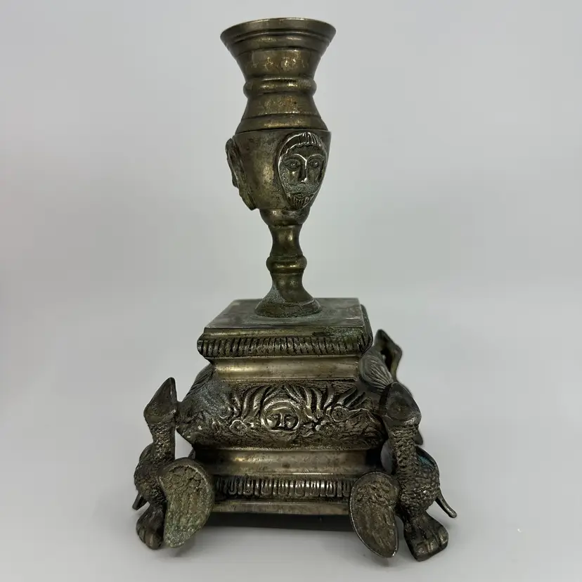 Antique Heavy Iron Candlestick Unique Feet And Details