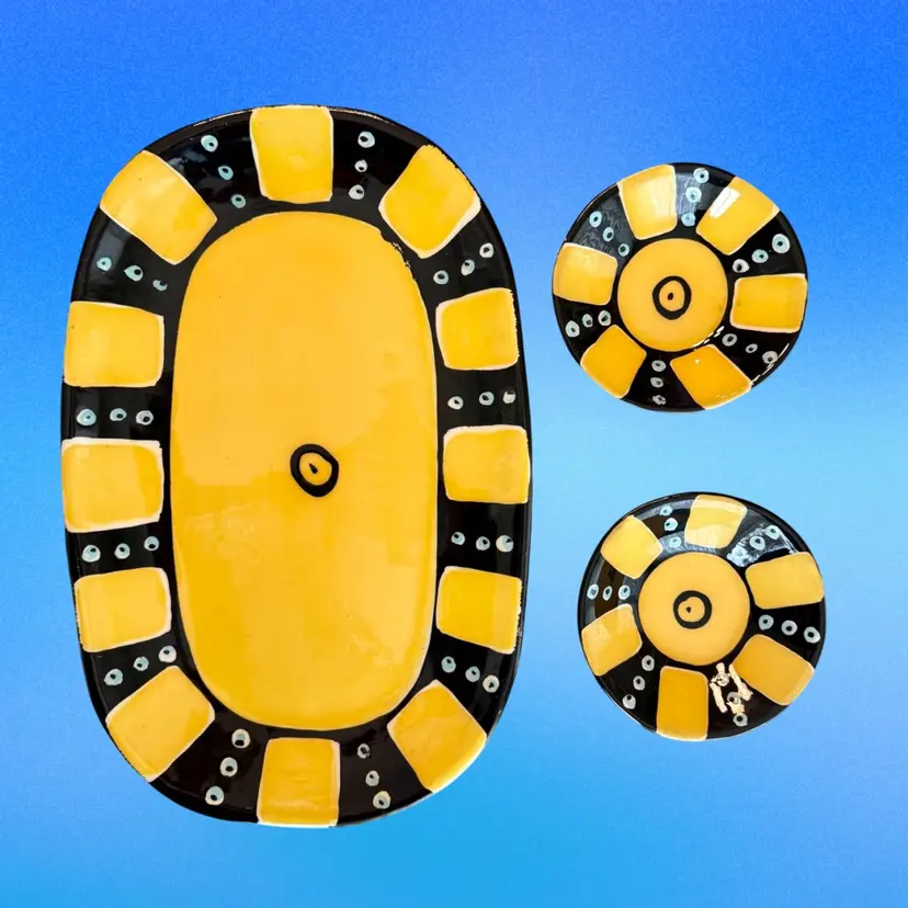 Abstract MAYWARE Ceramics 3 PC Dish Set, Platter & Two Mini Dishes, Black & Yellow