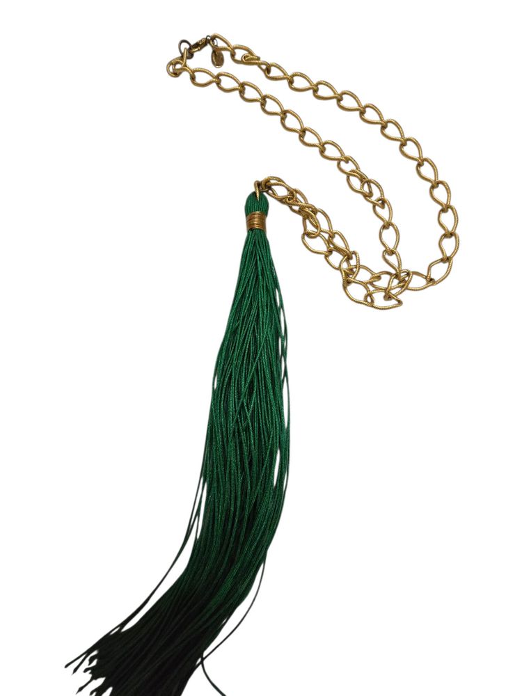 Vintage Signed Bee Charming NOS Green Silk Cord Huge Tassel Link Chain Necklace