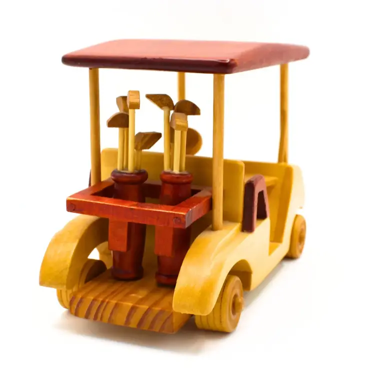 Vintage Wooden Golf Cart Figurine Handcrafted Rolling Wheels Desk Accessory