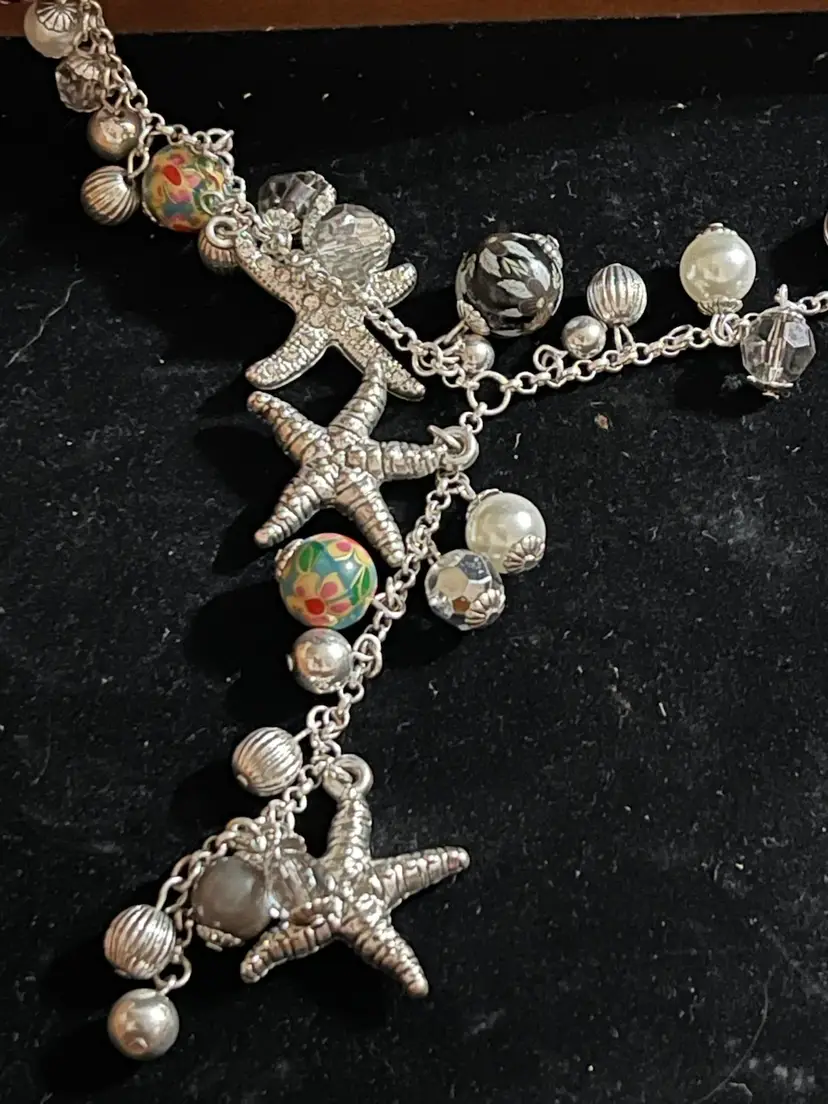 26” Silver tone Necklace With Starfish , Faux Pearls, Crystal And Art Glass Beads