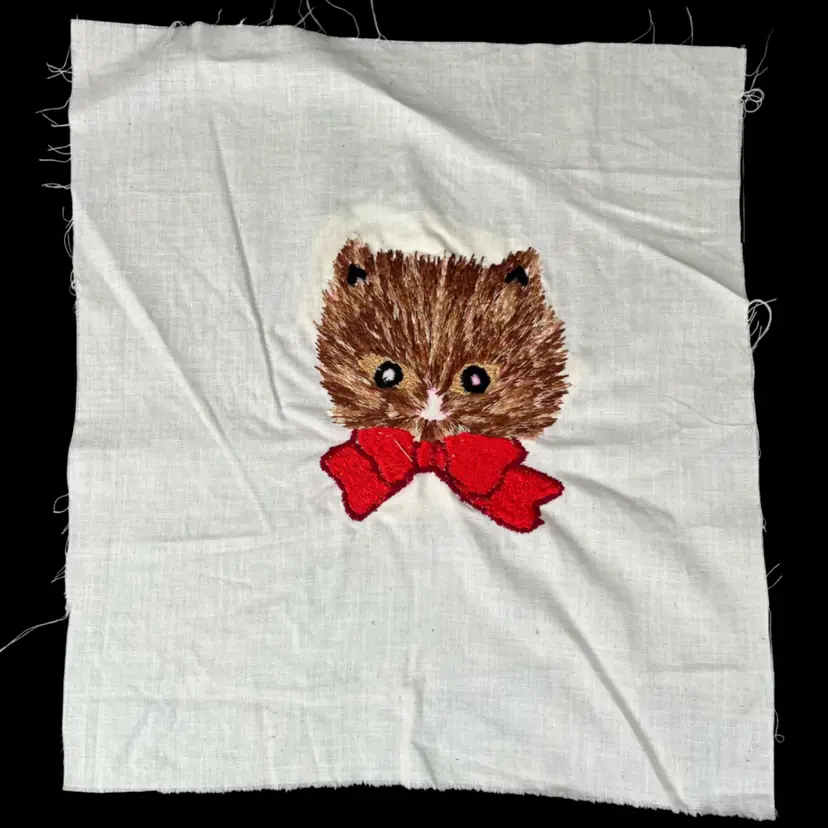 Vintage Embroidered Cat Fabric Art With Bow Tie