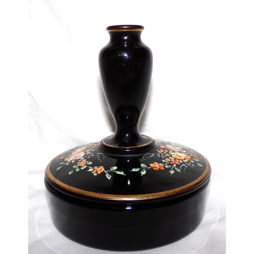 Antique 1920s, RARE, Art Deco FOSTORIA GLASS, #2276 Black Amethyst, Hand Enameled Perfume Bottle/Powder Box Combo!