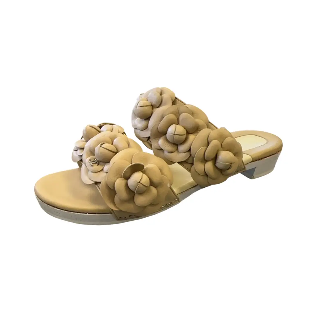 Chanel Beige Camellia Double Strap Sandel SZ 36