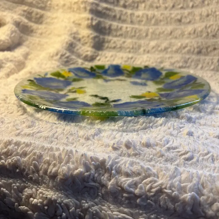 Vtg Fused Glass Plate, Flowers