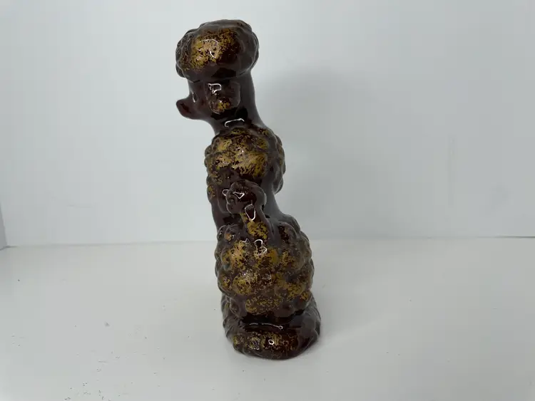 Vtg Japan Brown Poodle Gold Accents Ceramic Puppy Dog W/ Thermometer 6" Kitschy