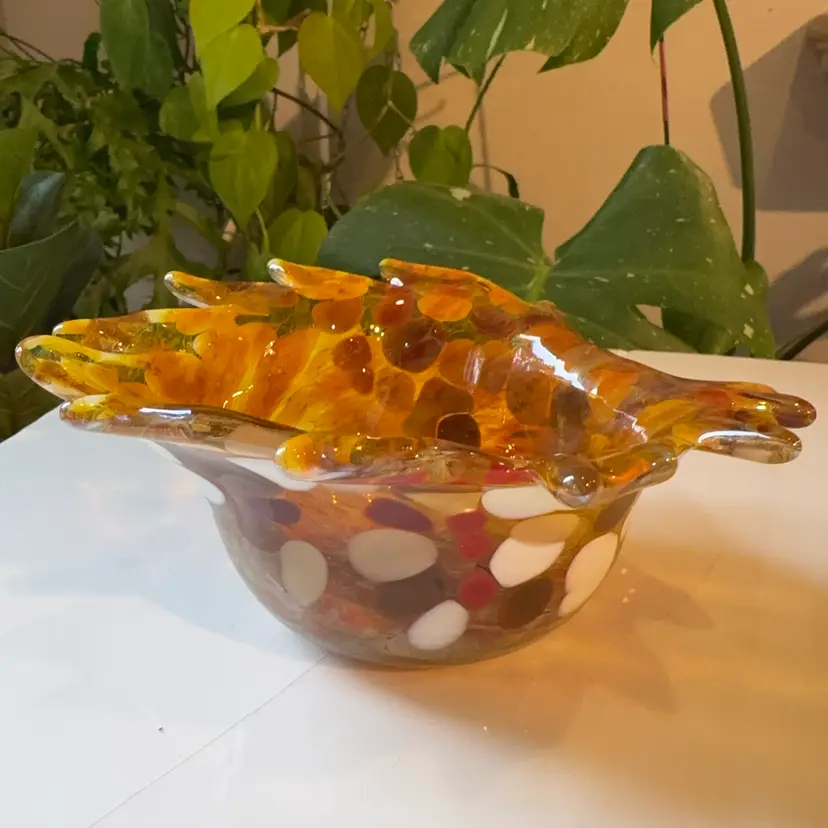 Signed Hand Blown Studio Art Glass Freeform Dish