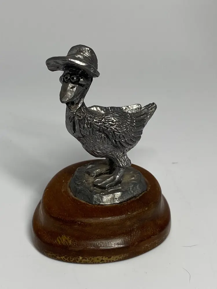 Michael Ricker Pewter Figurine of Mother Goose on a Wood Base, 2.5"