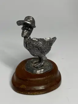 Michael Ricker Pewter Figurine of Mother Goose on a Wood Base, 2.5"