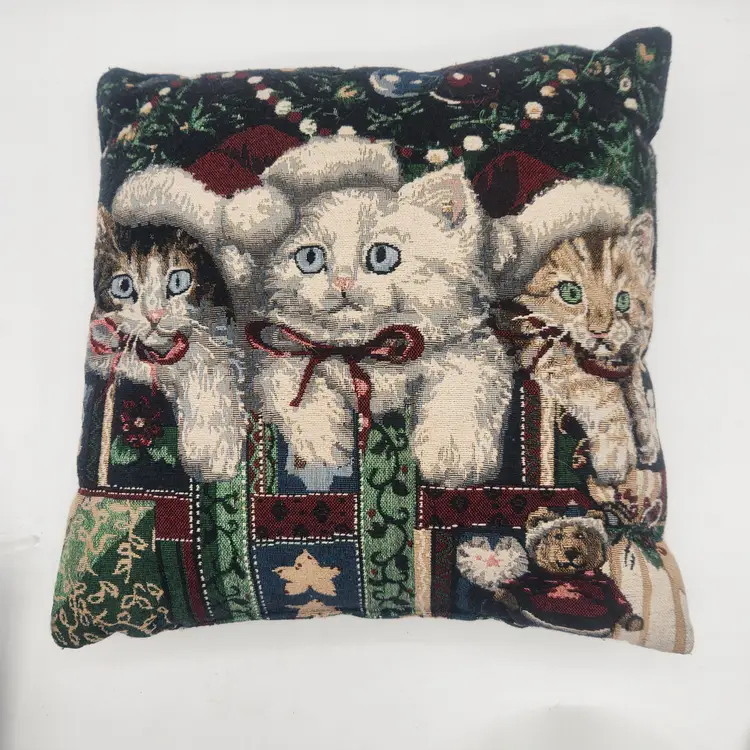 Christmas Kittens Santa Hats Throw 17" x 17" Pillow Decor Festive Home Accent