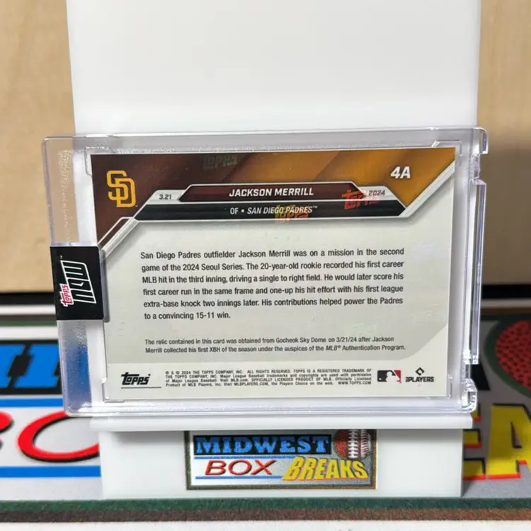 Jackson Merrill 005/125 Game Used Base Relic 2024 Topps Now San Diego Padres